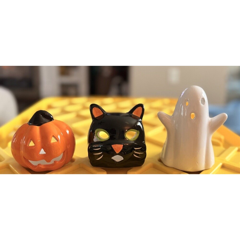 Lot Of 3 Tea Light Candle Holder Halloween Ghost, Cat, & Pumpkin